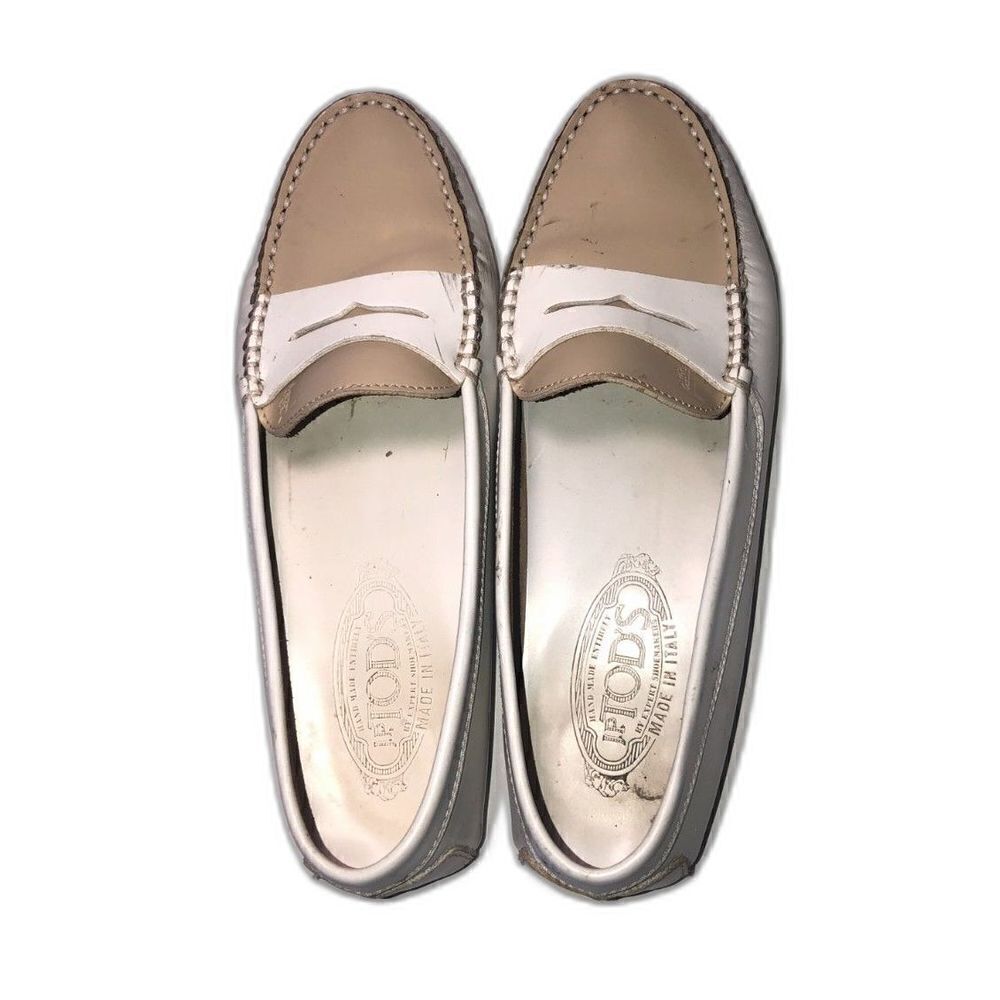 TOD'S Leather Penny Loafers Women's 6.5 White Tan *U shaped Heel* Driving Shoes
